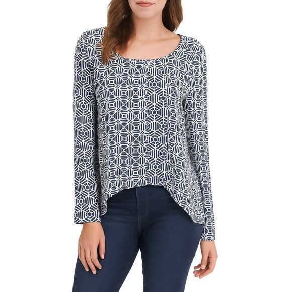 Blu Pepper Tops - Blu Pepper semi-sheer Navy Geometric Cutout Back Long Sleeve Top Size Medium NWT